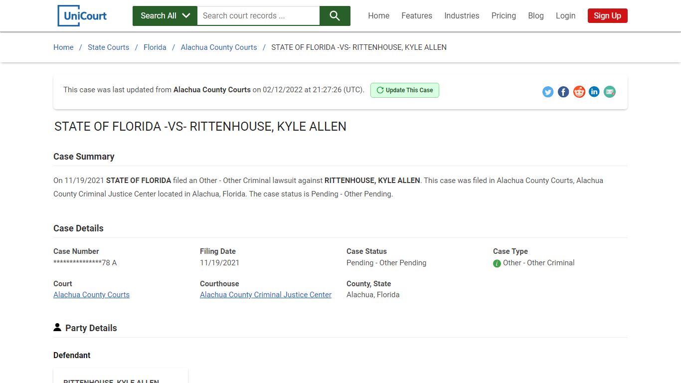 STATE OF FLORIDA -VS- RITTENHOUSE, KYLE ALLEN | Court Records - UniCourt